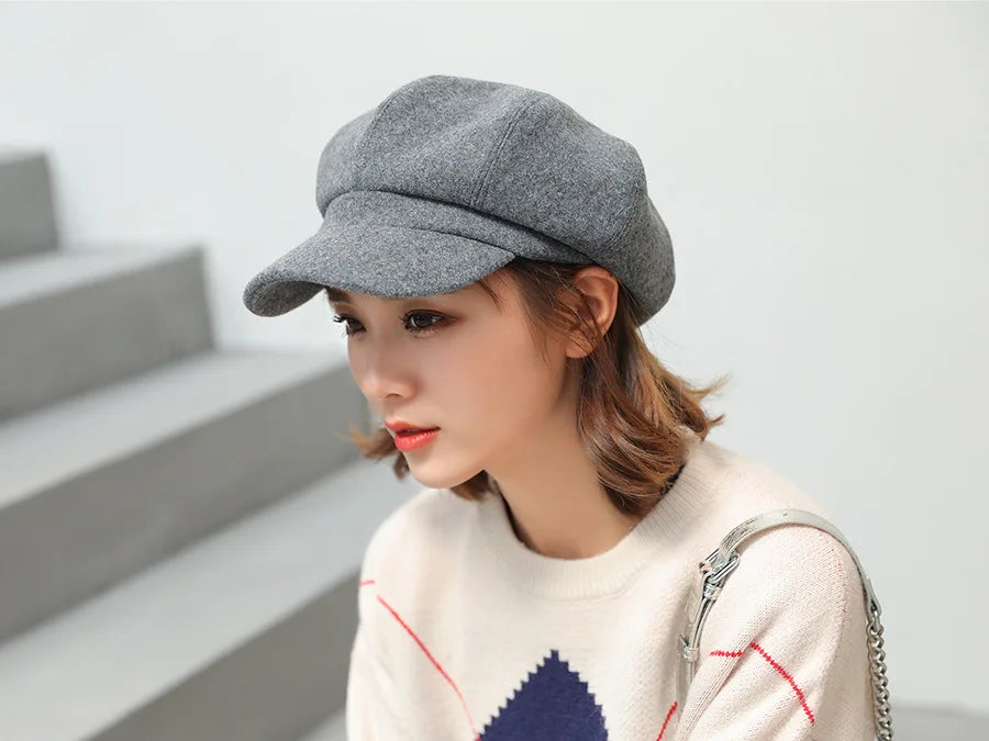 Autumn & Winter Wool Hats for Women – Solid Plain Octagonal Newsboy Cap & Casual Beret for Men & Ladies