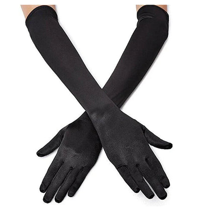Classic Satin Long Stretch Gloves for Women – Opera, Elbow & Wrist Length Costume Gloves in Black, White, Red & Grey for Parties & Flapper Style