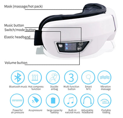 Eye Massage Instrument - Vibration, Airbag Pressure & Hot Compress Eye Massager with Bluetooth Music, Foldable for Fatigue Relief