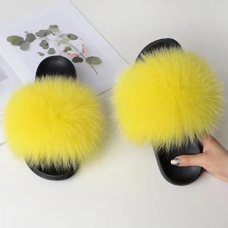Women’s Summer Fluffy Fur Slippers — Real Fox Fur Non-Slip Flat Slides & Sandals, Large Size