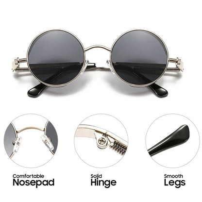VIVIBEE Vintage Steampunk Red Sunglasses — 2025 Round Punk Alloy Metal Retro Goggles for Men & Women, Gothic Style Shades