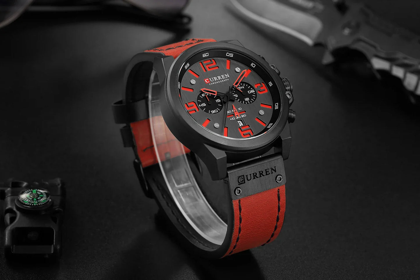 CURREN Men's Luxury Waterproof Sport Watch – Chronograph Quartz Military Wristwatch with Genuine Leather Strap