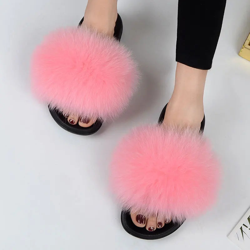 Women’s Summer Fluffy Fur Slippers — Real Fox Fur Non-Slip Flat Slides & Sandals, Large Size