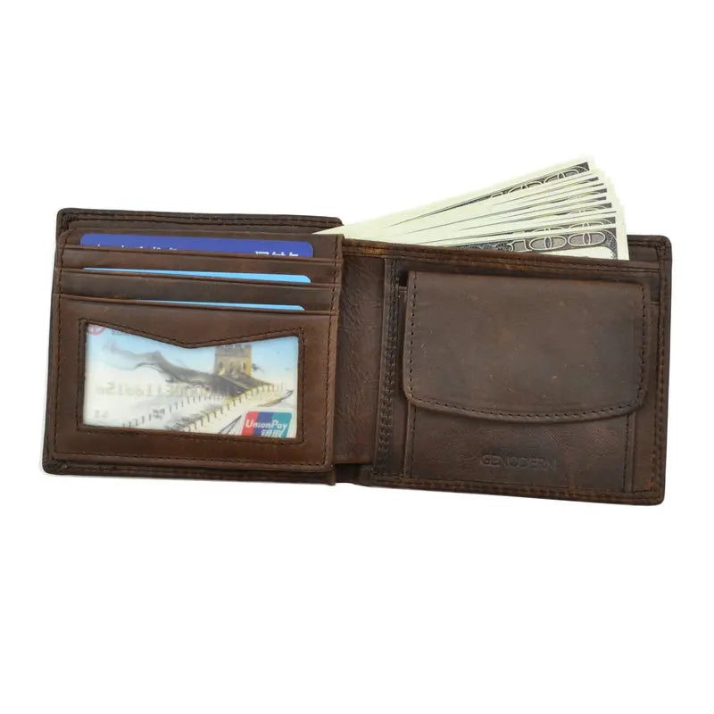 GENODERN Genuine Cow Leather Men’s Wallet with Coin Pocket – Vintage RFID Blocking Slim Male Purse Card Holder Leather Wallet