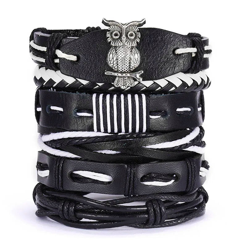 Men's Vintage Multilayer Leather Braid Bracelet - Handmade Star, Leaf & Owl Rope Wrap Bangle, Male Gift Jewelry