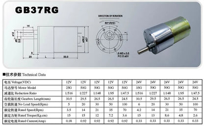 GB37RG 12V DC Gear Motor – 37mm Eccentric Shaft with Multiple RPM Options (2 to 1000 RPM)