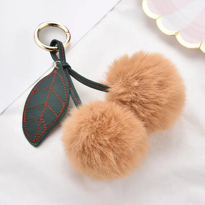 Fashion Cute Fluffy Rabbit Fur Ball Keychain – Pompom Leaf Cherry Pendant for Handbag & Car Keys