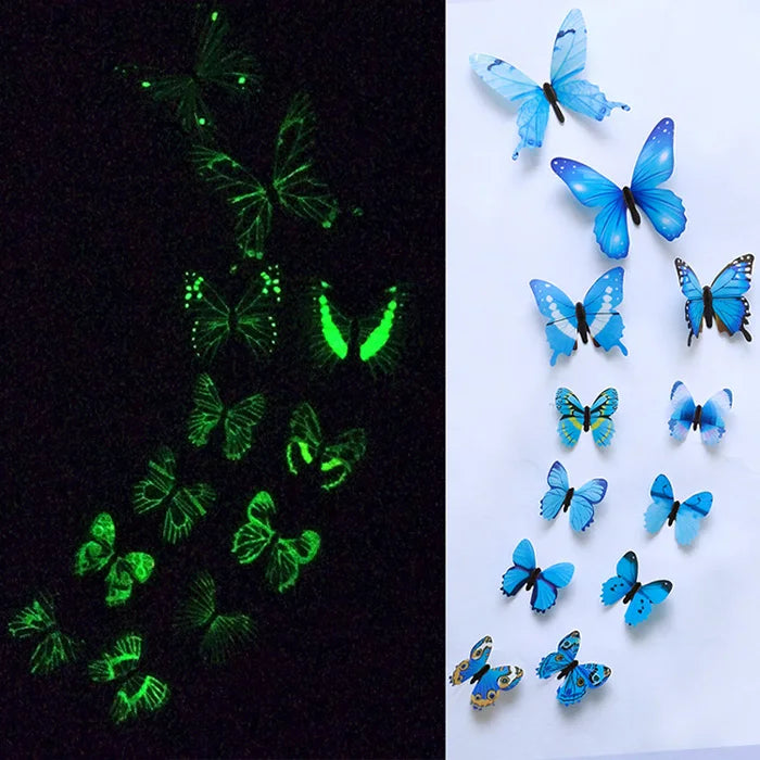 12PCS Luminous 3D Butterfly Wall Stickers — Glow-in-the-Dark Wedding Party & Home Decor, Living Room Fridge Decals