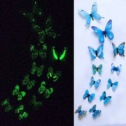 12PCS Luminous 3D Butterfly Wall Stickers — Glow-in-the-Dark Wedding Party & Home Decor, Living Room Fridge Decals