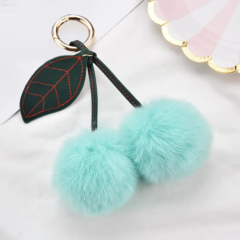 Fashion Cute Fluffy Rabbit Fur Ball Keychain – Pompom Leaf Cherry Pendant for Handbag & Car Keys