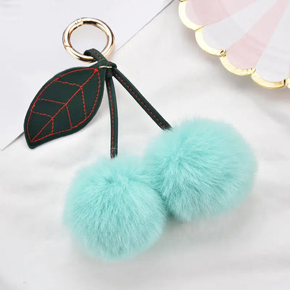 Fashion Cute Fluffy Rabbit Fur Ball Keychain – Pompom Leaf Cherry Pendant for Handbag & Car Keys