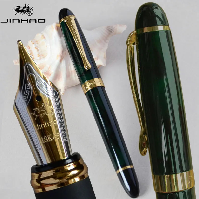 IRAURITA JINHAO X450 Fountain Pen – Dark Green & Golden, 18KGP 0.7mm Broad Nib, Full Metal, 21 Colors with Ink