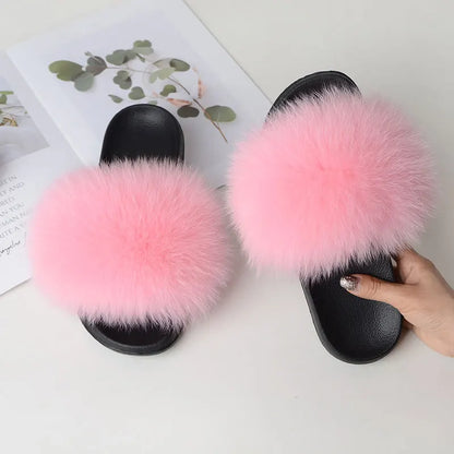 Women’s Summer Fluffy Fur Slippers — Real Fox Fur Non-Slip Flat Slides & Sandals, Large Size