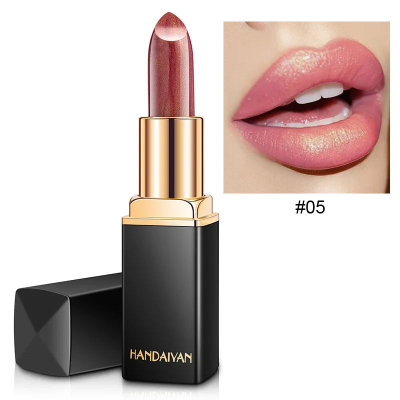 Professional Brand Lipstick – Waterproof, Long-Lasting Nude Pink & Mermaid Shimmer, Luxury Makeup Cosmetic