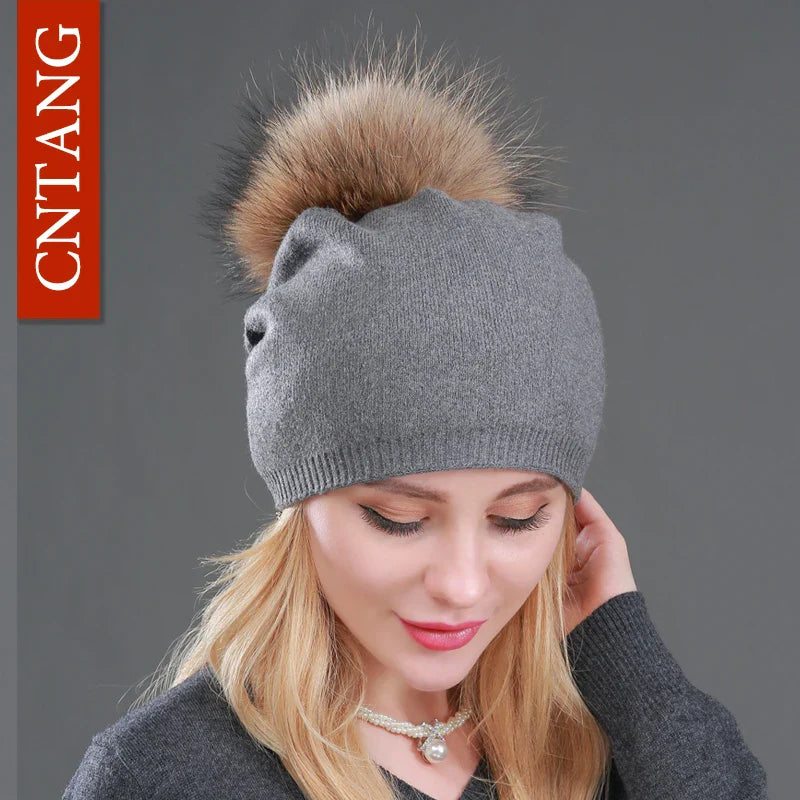 Autumn Winter Knitted Wool Hat for Women – Fashion Pompon Beanie with Genuine Raccoon Fur, Warm and Stylish Cap