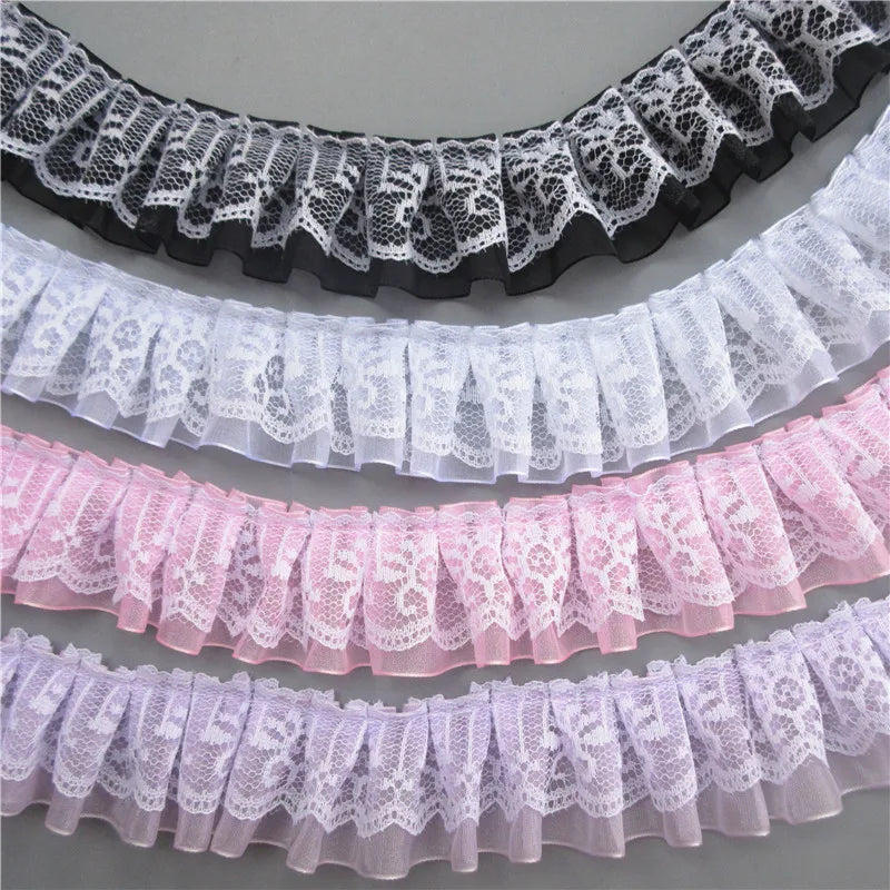 2 Yard Pleated Organza Lace Trim - 4cm Double Layer Ribbon for Sewing, Doll Clothes & Wedding Decor