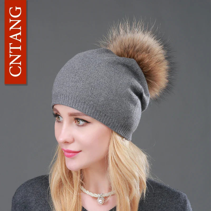 Autumn Winter Knitted Wool Hat for Women – Fashion Pompon Beanie with Genuine Raccoon Fur, Warm and Stylish Cap