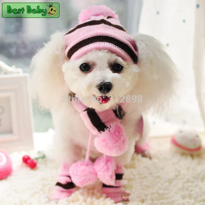 Winter Knitted Pet Accessories Set – Striped Hat, Scarf & Socks for Small Dogs, Puppies & Cats