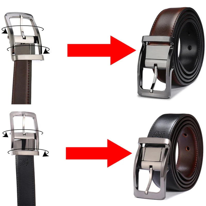 Men’s Genuine Leather Reversible Belt – 2-in-1 Rotated Buckle for Big & Tall Sizes