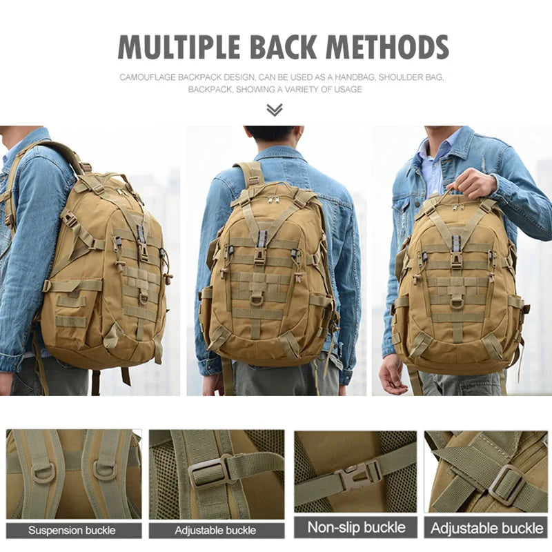 40L Tactical Camping Backpack - Men's Travel Bag, Molle Climbing Rucksack for Hiking, Outdoor, Fishing, and Reflective Shoulder Strap