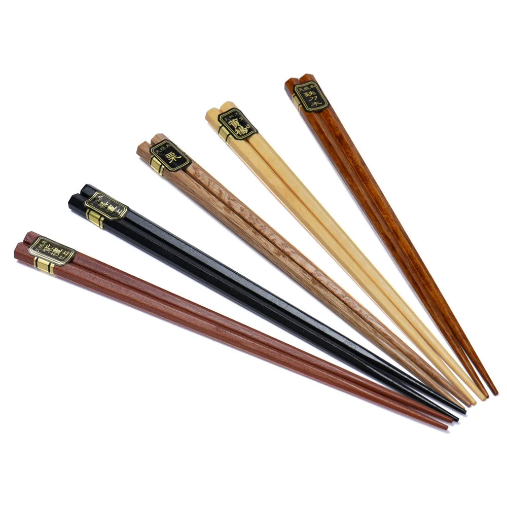 5 Pairs Japanese Style Wood Chopsticks – Reusable Natural Beech, Tableware for Pizza, Noodles, Chinese Set