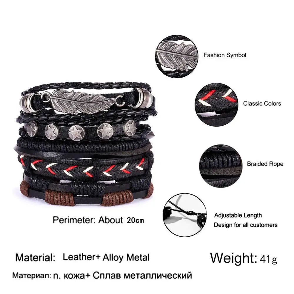Men's Vintage Multilayer Leather Braid Bracelet - Handmade Star, Leaf & Owl Rope Wrap Bangle, Male Gift Jewelry