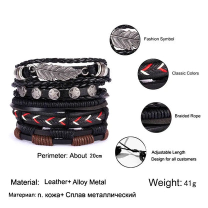 Men's Vintage Multilayer Leather Braid Bracelet - Handmade Star, Leaf & Owl Rope Wrap Bangle, Male Gift Jewelry