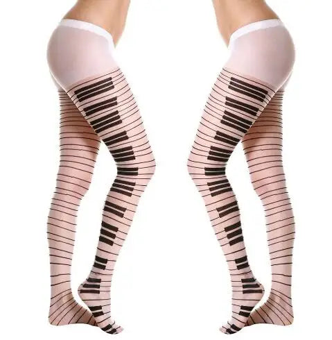 Women’s Sexy Piano Stockings – Black & White Thigh-High Ultra-Thin Transparent Pantyhose, Free Size