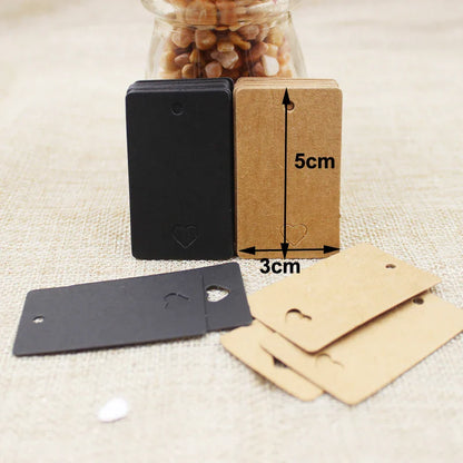 100pcs Black & Kraft Paper Gift Tags – 5×3cm Rectangular Heart Hollow Labels with 100 Hemp Strings for Hand Drawn or DIY Gift Tags