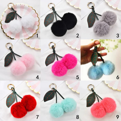 Fashion Cute Fluffy Rabbit Fur Ball Keychain – Pompom Leaf Cherry Pendant for Handbag & Car Keys