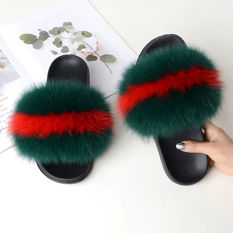 Women’s Summer Fluffy Fur Slippers — Real Fox Fur Non-Slip Flat Slides & Sandals, Large Size