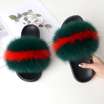 Women’s Summer Fluffy Fur Slippers — Real Fox Fur Non-Slip Flat Slides & Sandals, Large Size