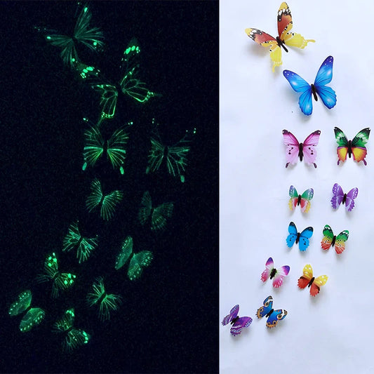 12PCS Luminous 3D Butterfly Wall Stickers — Glow-in-the-Dark Wedding Party & Home Decor, Living Room Fridge Decals