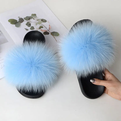 Women’s Summer Fluffy Fur Slippers — Real Fox Fur Non-Slip Flat Slides & Sandals, Large Size