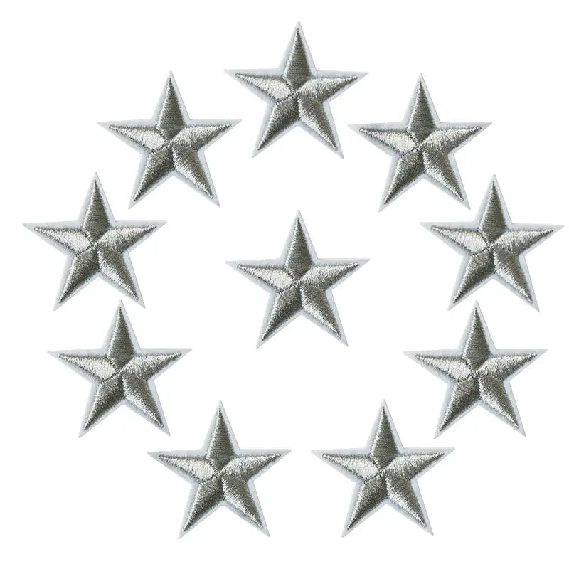 10pcs Star Embroidered Iron-On Patches – Gold Silver Red Blue Pink DIY Applique Badges for Clothes & Craft Decoration