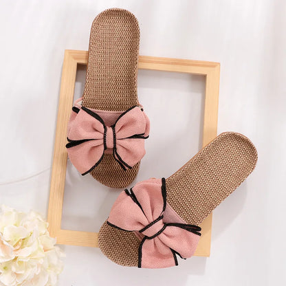 Women’s Bow-Knot Linen Slippers - Cute Soft Indoor Casual Home Flats