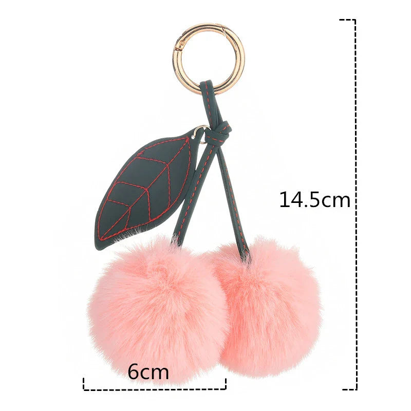 Fashion Cute Fluffy Rabbit Fur Ball Keychain – Pompom Leaf Cherry Pendant for Handbag & Car Keys