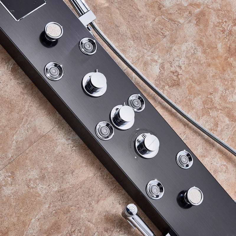 LED Waterfall Shower Panel System - Black In-Wall Rain Shower with Spa Massage Sprayer & Bidet Tap