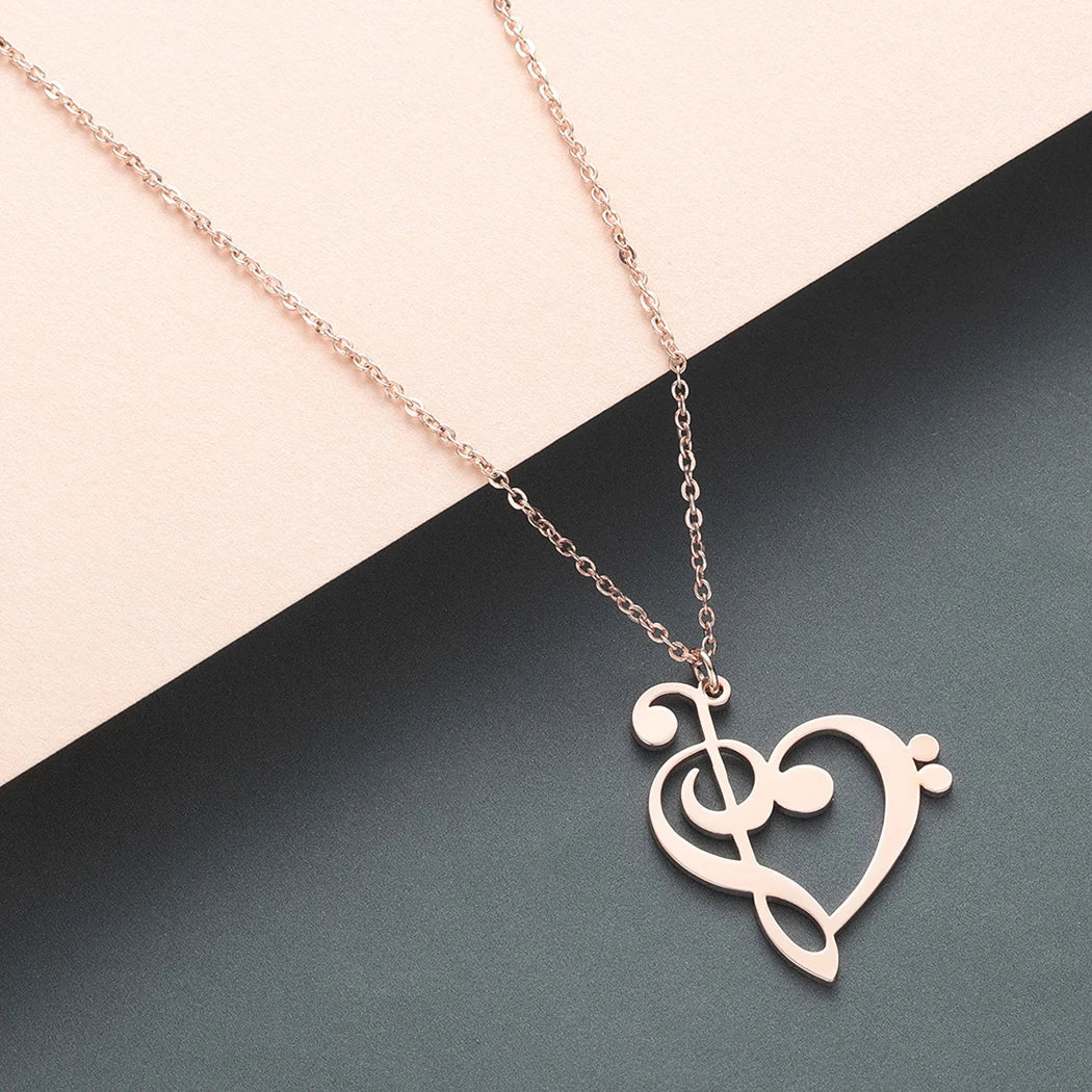 Kinitial Music Note Heart Necklace - Treble & Bass Clef Pendant Jewelry Gift for Music Lovers and Teachers