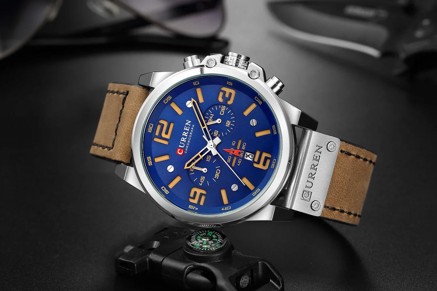 CURREN Men's Luxury Waterproof Sport Watch – Chronograph Quartz Military Wristwatch with Genuine Leather Strap