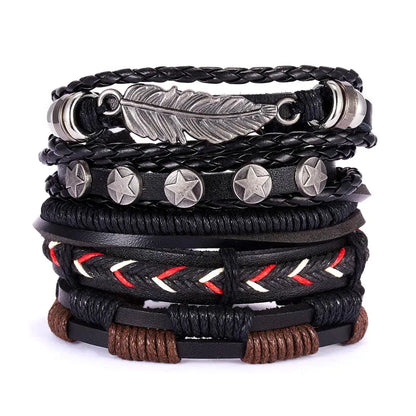 Men's Vintage Multilayer Leather Braid Bracelet - Handmade Star, Leaf & Owl Rope Wrap Bangle, Male Gift Jewelry