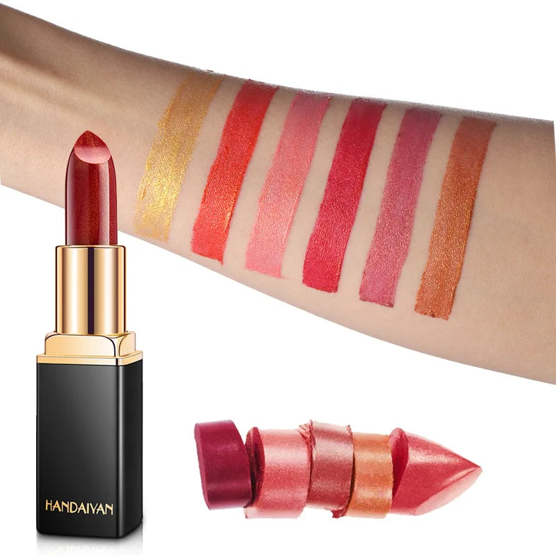 Professional Brand Lipstick – Waterproof, Long-Lasting Nude Pink & Mermaid Shimmer, Luxury Makeup Cosmetic