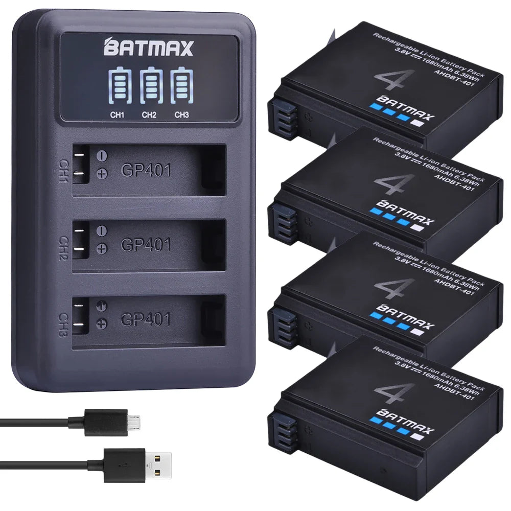 Batmax 1680mAh GoPro HERO4 Replacement Battery with 3-Slot LED USB Charger for AHDBT-401 Action Camera Accessories