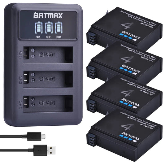Batmax 1680mAh GoPro HERO4 Replacement Battery with 3-Slot LED USB Charger for AHDBT-401 Action Camera Accessories