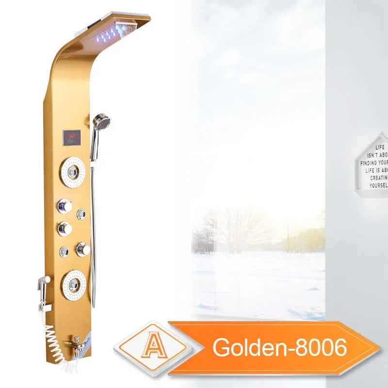 LED Waterfall Shower Panel System - Black In-Wall Rain Shower with Spa Massage Sprayer & Bidet Tap
