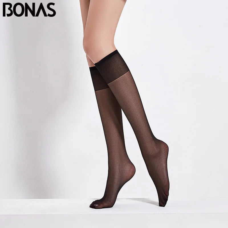 Women’s 20D Knee-High Stockings - 4-Pair Set of Sheer Transparent Long Socks