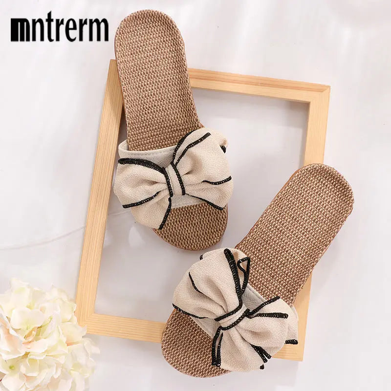 Women’s Bow-Knot Linen Slippers - Cute Soft Indoor Casual Home Flats