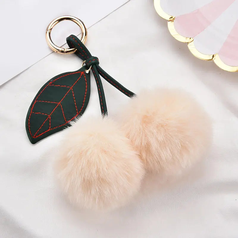 Fashion Cute Fluffy Rabbit Fur Ball Keychain – Pompom Leaf Cherry Pendant for Handbag & Car Keys