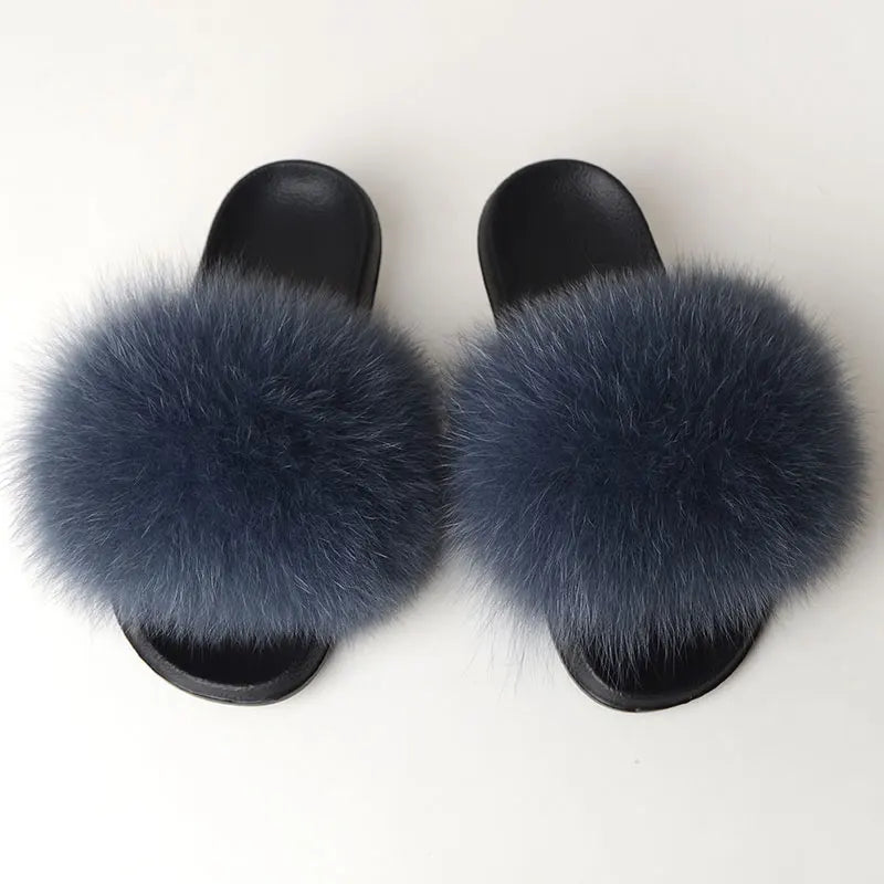 Women’s Summer Fluffy Fur Slippers — Real Fox Fur Non-Slip Flat Slides & Sandals, Large Size