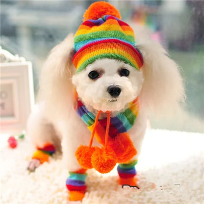 Winter Knitted Pet Accessories Set – Striped Hat, Scarf & Socks for Small Dogs, Puppies & Cats